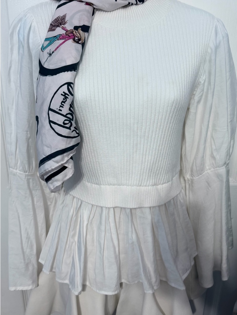 Classic White Long-Sleeve Peplum Knit Top